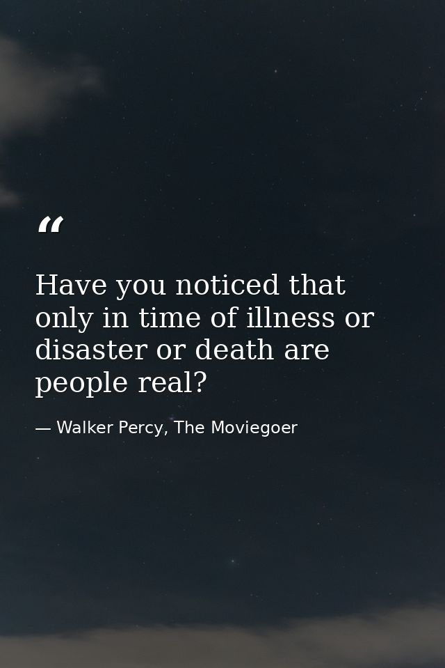 Have you noticed that only in time of illness or disaster or death are people real? — Walker Percy, The Moviegoer