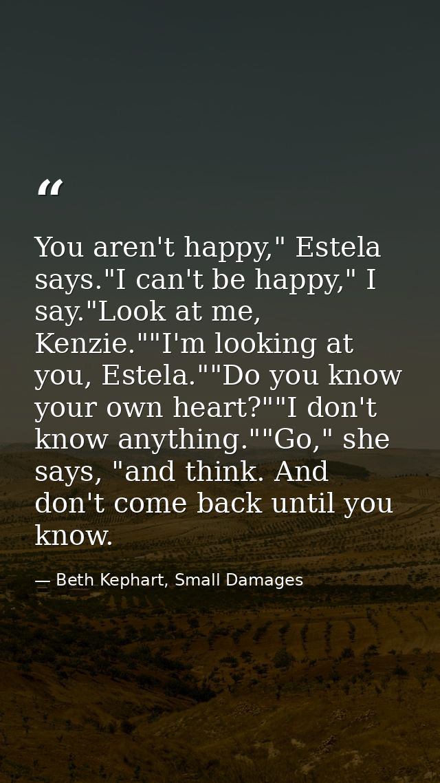 You aren't happy," Estela says."I can't be happy," I say."Look at me, Kenzie.""I'm looking at you, Estela.""Do you know  — Beth Kephart, Small Damages