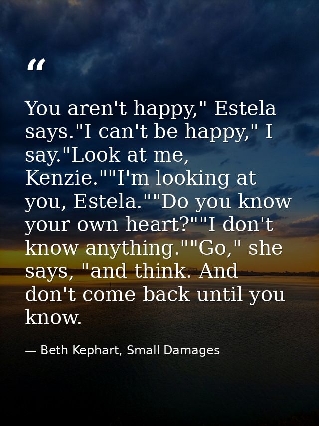 You aren't happy," Estela says."I can't be happy," I say."Look at me, Kenzie.""I'm looking at you, Estela.""Do you know  — Beth Kephart, Small Damages