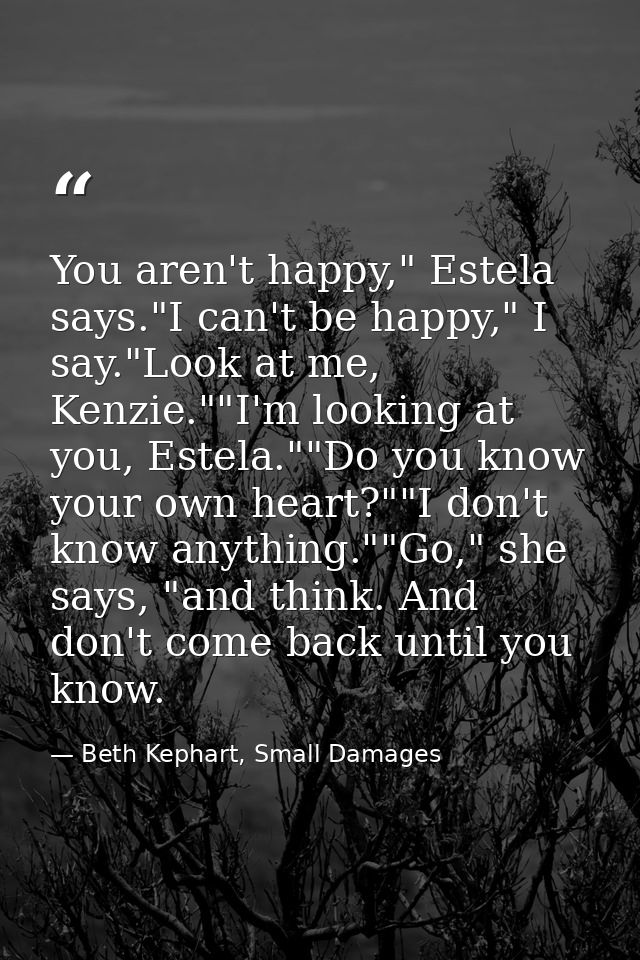 You aren't happy," Estela says."I can't be happy," I say."Look at me, Kenzie.""I'm looking at you, Estela.""Do you know  — Beth Kephart, Small Damages