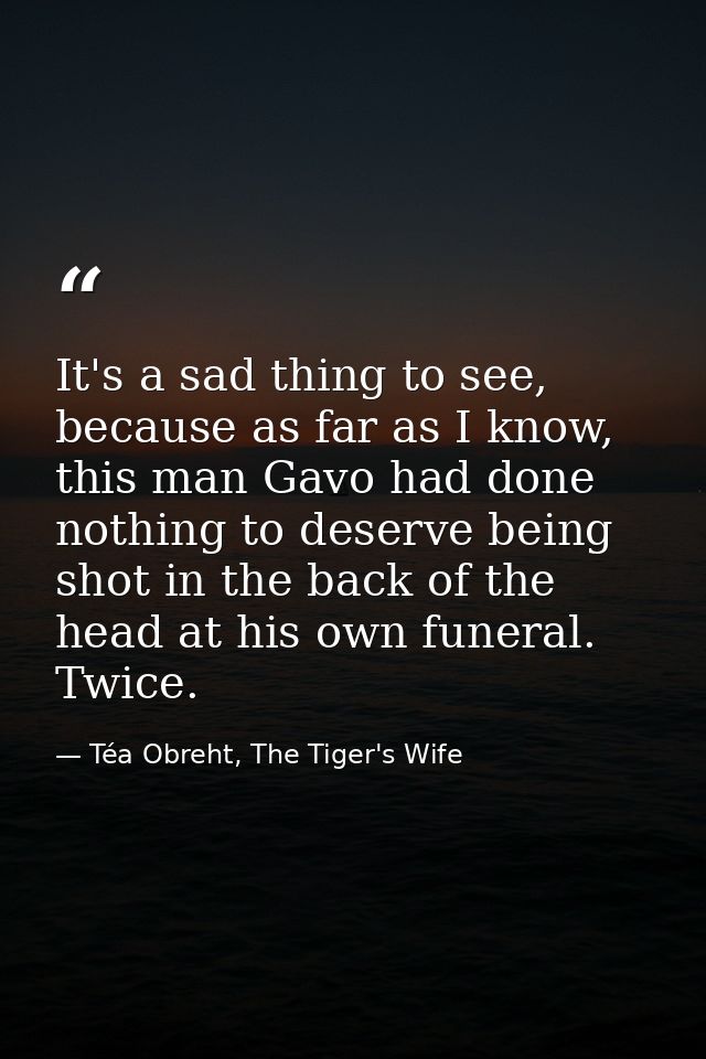 It's a sad thing to see, because as far as I know, this man Gavo had done nothing to deserve being shot in the back of t — Téa Obreht, The Tiger's Wife