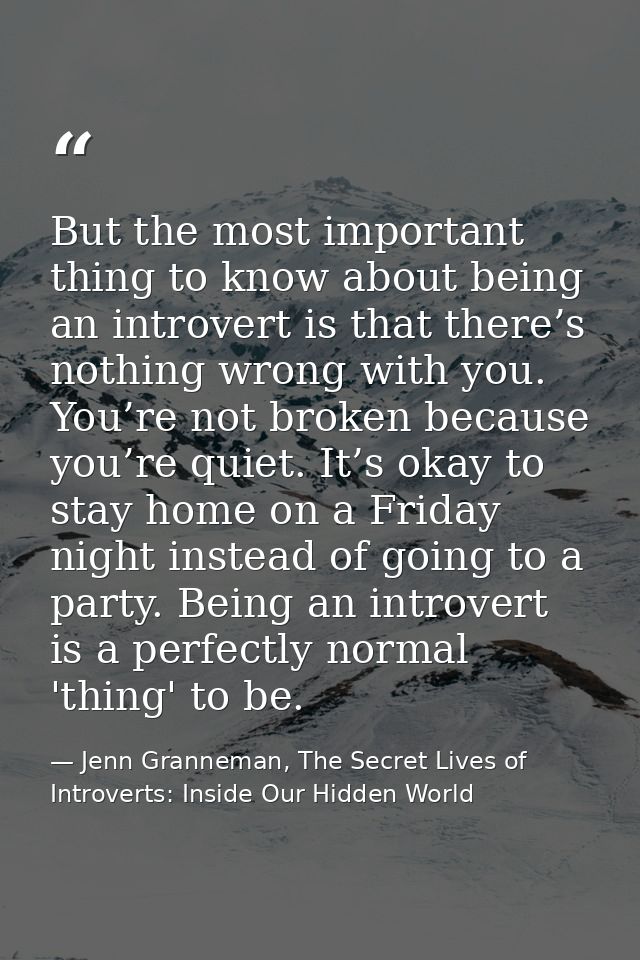 But the most important thing to know about being an introvert is that there’s nothing wrong with you. You’re not broken  — Jenn Granneman, The Secret Lives of Introverts: Inside Our Hidden World
