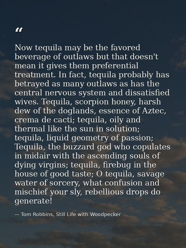 Now tequila may be the favored beverage of outlaws but that doesn't mean it gives them preferential treatment. In fact,  — Tom Robbins, Still Life with Woodpecker