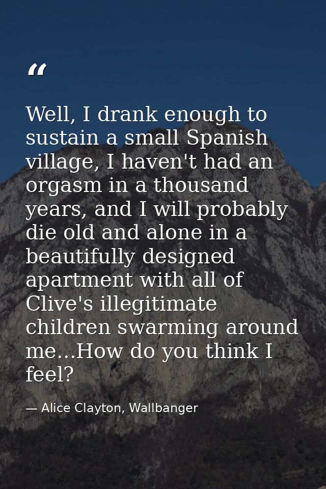 Well, I drank enough to sustain a small Spanish village, I haven't had an orgasm in a thousand years, and I will probabl — Alice Clayton, Wallbanger