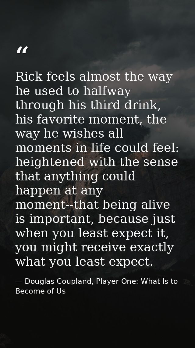 Rick feels almost the way he used to halfway through his third drink, his favorite moment, the way he wishes all moments — Douglas Coupland, Player One: What Is to Become of Us