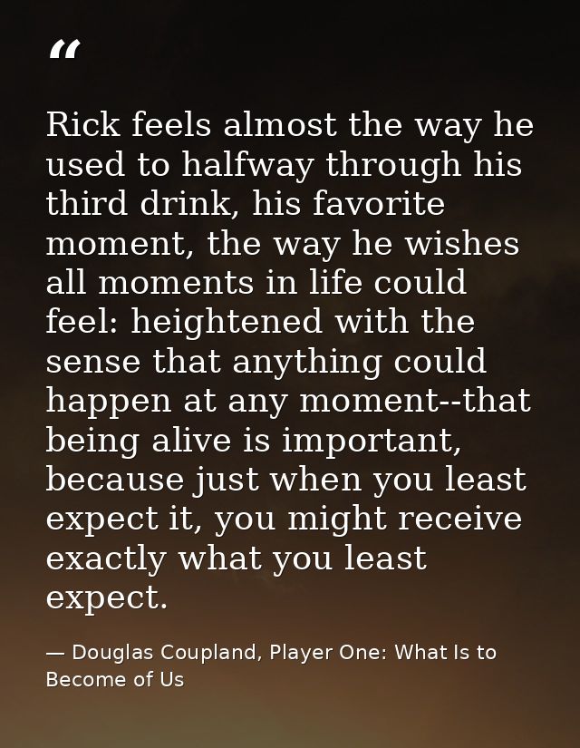 Rick feels almost the way he used to halfway through his third drink, his favorite moment, the way he wishes all moments — Douglas Coupland, Player One: What Is to Become of Us