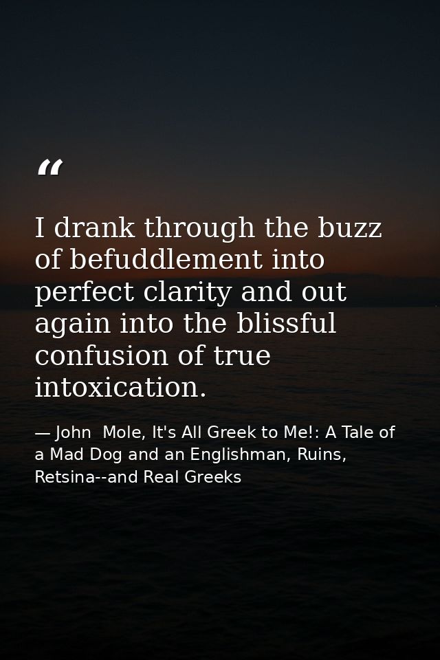 I drank through the buzz of befuddlement into perfect clarity and out again into the blissful confusion of true intoxica — John  Mole, It's All Greek to Me!: A Tale of a Mad Dog and an Englishman, Ruins, Retsina--and Real Greeks