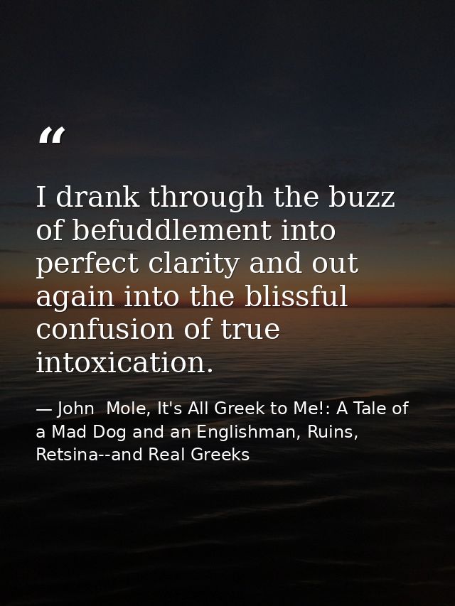 I drank through the buzz of befuddlement into perfect clarity and out again into the blissful confusion of true intoxica — John  Mole, It's All Greek to Me!: A Tale of a Mad Dog and an Englishman, Ruins, Retsina--and Real Greeks