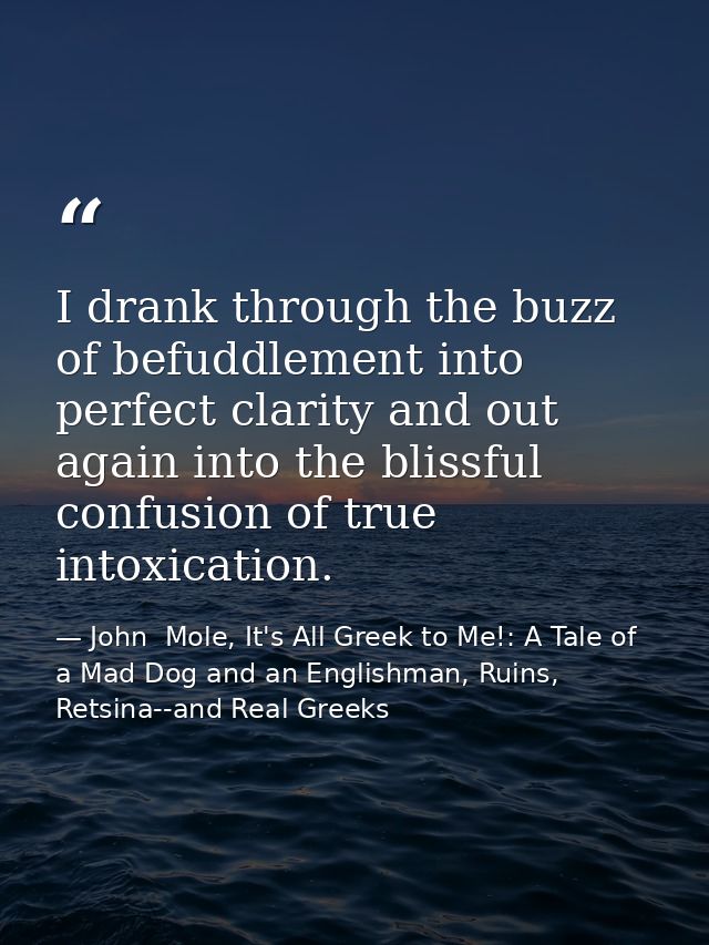 I drank through the buzz of befuddlement into perfect clarity and out again into the blissful confusion of true intoxica — John  Mole, It's All Greek to Me!: A Tale of a Mad Dog and an Englishman, Ruins, Retsina--and Real Greeks