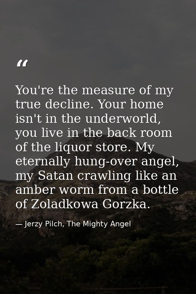 You're the measure of my true decline. Your home isn't in the underworld, you live in the back room of the liquor store. — Jerzy Pilch, The Mighty Angel