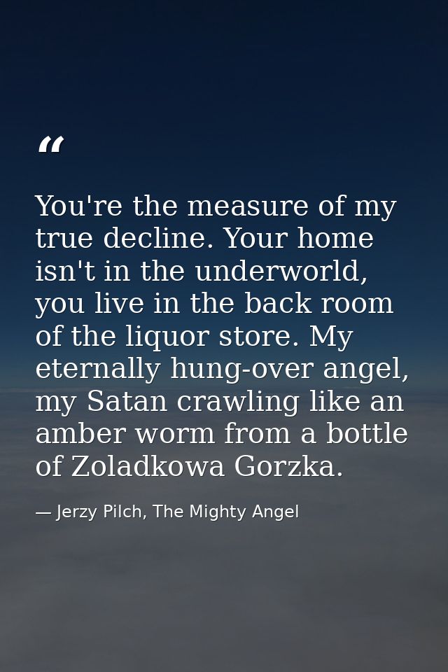 You're the measure of my true decline. Your home isn't in the underworld, you live in the back room of the liquor store. — Jerzy Pilch, The Mighty Angel
