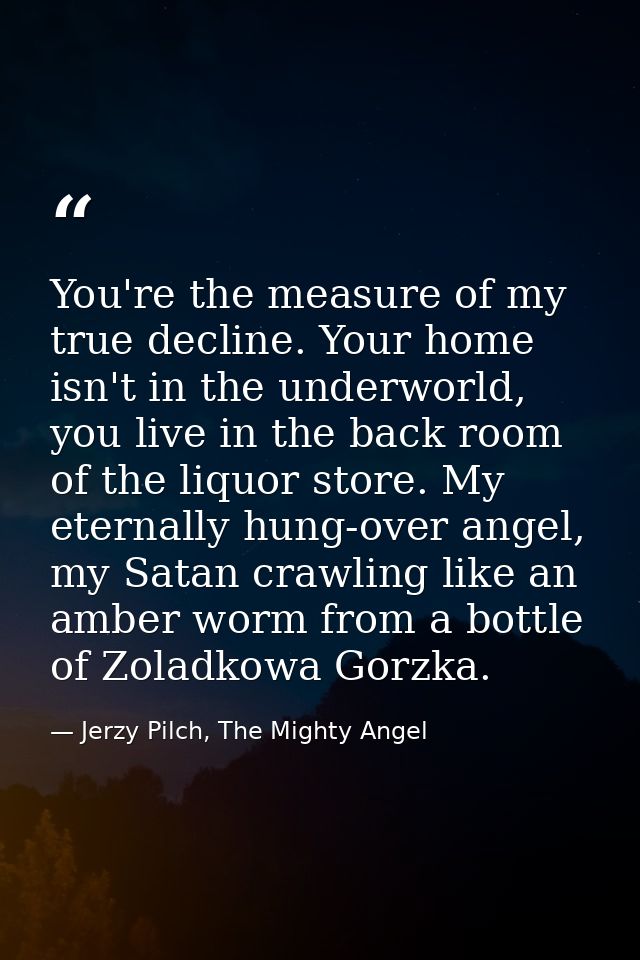 You're the measure of my true decline. Your home isn't in the underworld, you live in the back room of the liquor store. — Jerzy Pilch, The Mighty Angel