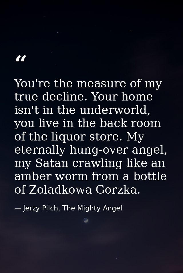 You're the measure of my true decline. Your home isn't in the underworld, you live in the back room of the liquor store. — Jerzy Pilch, The Mighty Angel