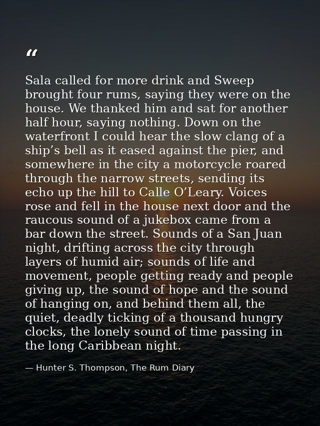 Sala called for more drink and Sweep brought four rums, saying they were on the house. We thanked him and sat for anothe — Hunter S. Thompson, The Rum Diary