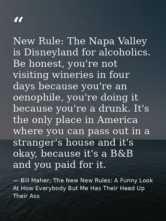 New Rule: The Napa Valley is Disneyland for alcoholics. Be honest, you're not visiting wineries in four days because you — Bill Maher, The New New Rules: A Funny Look At How Everybody But Me Has Their Head Up Their Ass