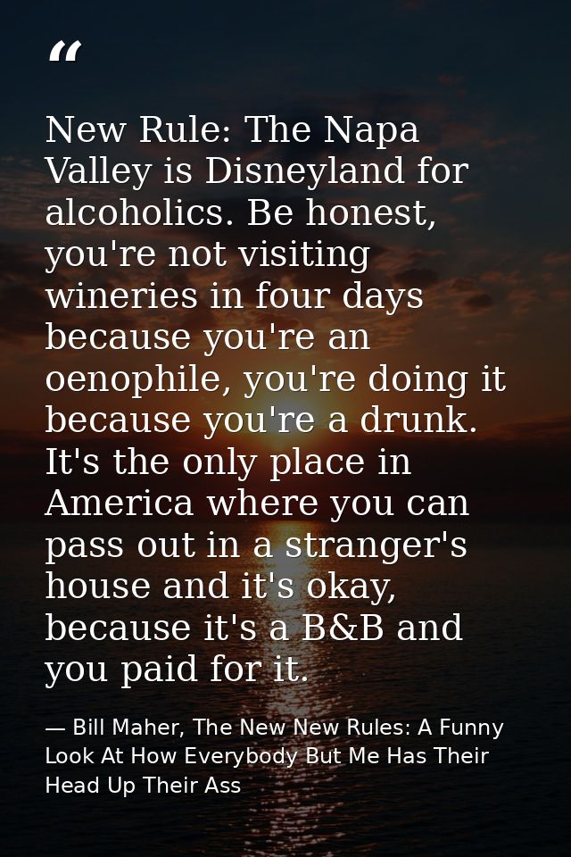 New Rule: The Napa Valley is Disneyland for alcoholics. Be honest, you're not visiting wineries in four days because you — Bill Maher, The New New Rules: A Funny Look At How Everybody But Me Has Their Head Up Their Ass