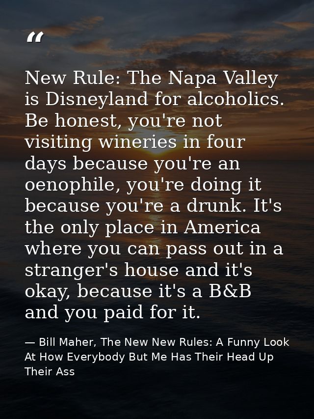 New Rule: The Napa Valley is Disneyland for alcoholics. Be honest, you're not visiting wineries in four days because you — Bill Maher, The New New Rules: A Funny Look At How Everybody But Me Has Their Head Up Their Ass