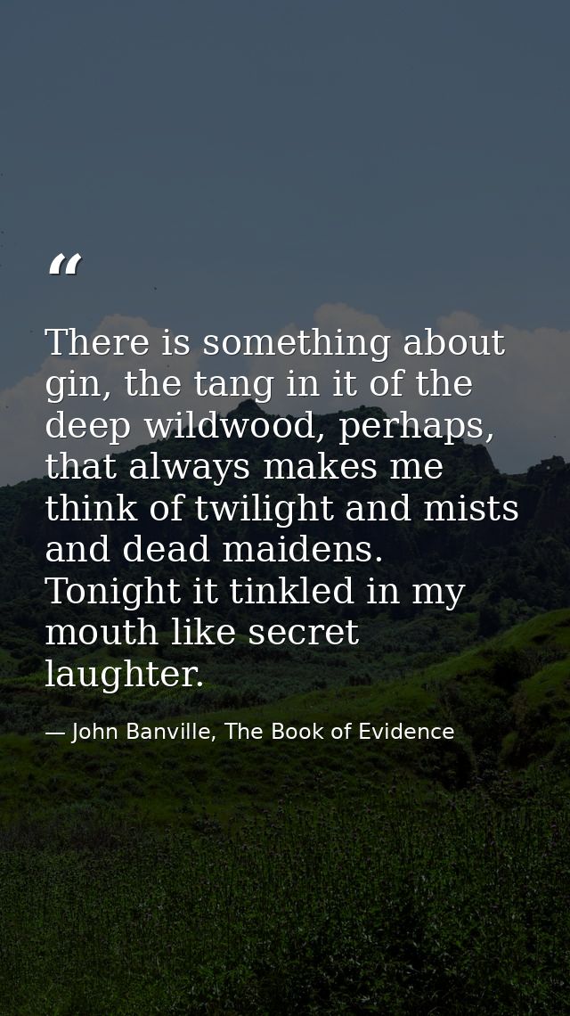 There is something about gin, the tang in it of the deep wildwood, perhaps, that always makes me think of twilight and m — John Banville, The Book of Evidence