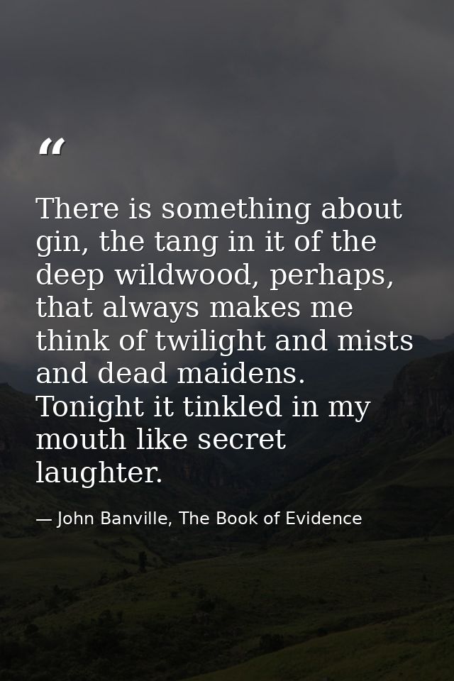There is something about gin, the tang in it of the deep wildwood, perhaps, that always makes me think of twilight and m — John Banville, The Book of Evidence