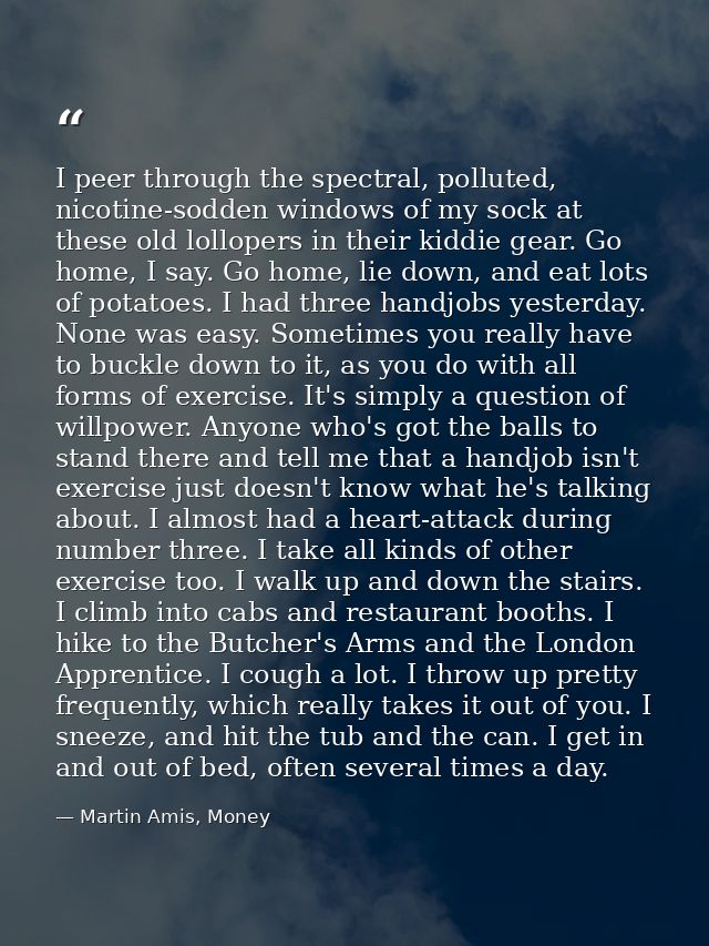 I peer through the spectral, polluted, nicotine-sodden windows of my sock at these old lollopers in their kiddie gear. G — Martin Amis, Money