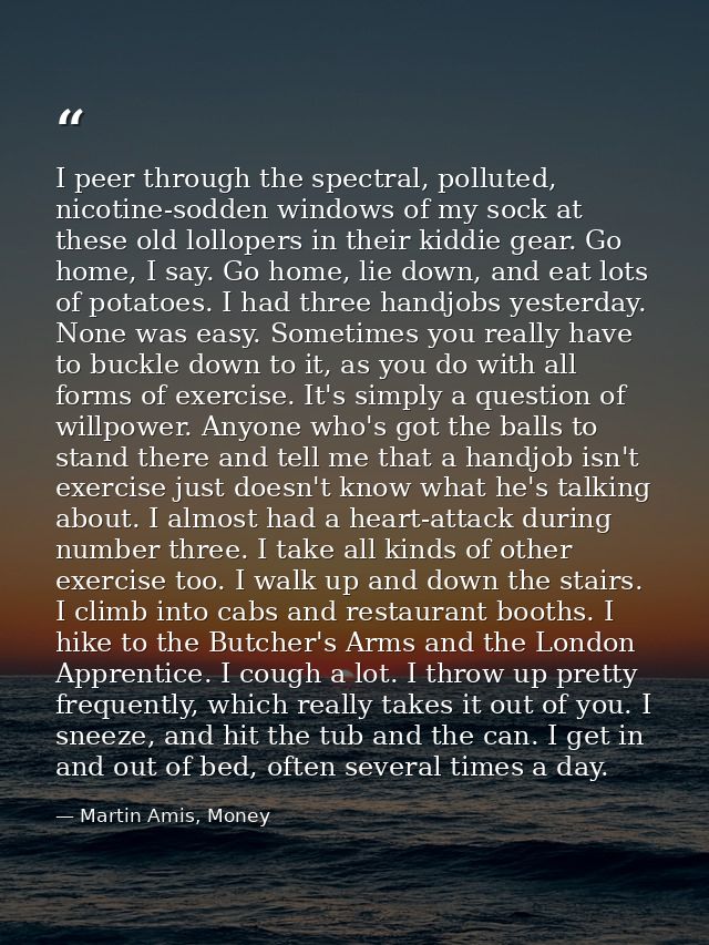 I peer through the spectral, polluted, nicotine-sodden windows of my sock at these old lollopers in their kiddie gear. G — Martin Amis, Money