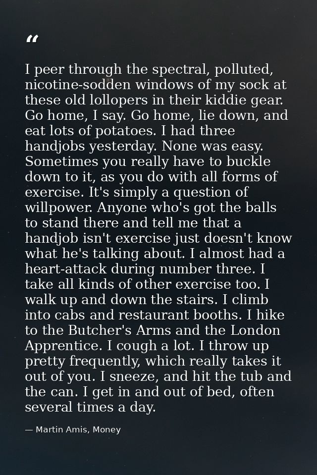 I peer through the spectral, polluted, nicotine-sodden windows of my sock at these old lollopers in their kiddie gear. G — Martin Amis, Money