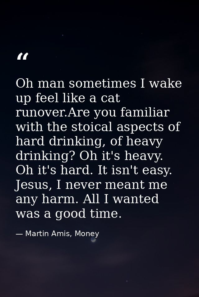 Oh man sometimes I wake up feel like a cat runover.Are you familiar with the stoical aspects of hard drinking, of heavy  — Martin Amis, Money