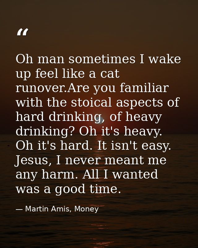 Oh man sometimes I wake up feel like a cat runover.Are you familiar with the stoical aspects of hard drinking, of heavy  — Martin Amis, Money
