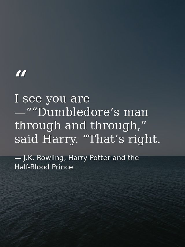 I see you are —”“Dumbledore’s man through and through,” said Harry. “That’s right. — J.K. Rowling, Harry Potter and the Half-Blood Prince