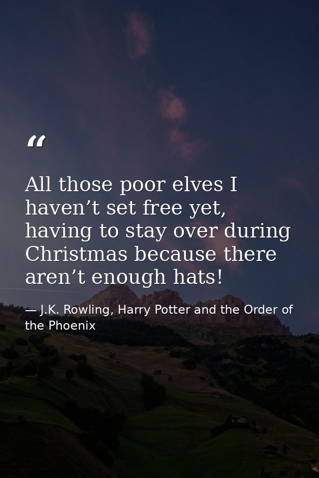 All those poor elves I haven’t set free yet, having to stay over during Christmas because there aren’t enough hats! — J.K. Rowling, Harry Potter and the Order of the Phoenix