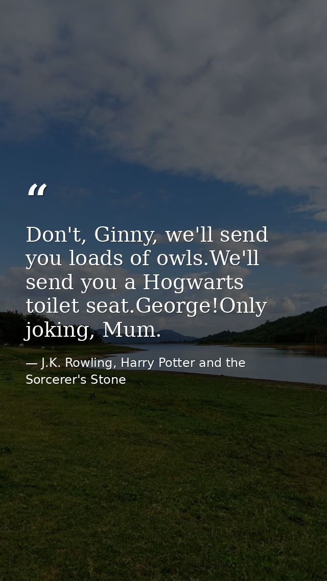 Don't, Ginny, we'll send you loads of owls.We'll send you a Hogwarts toilet seat.George!Only joking, Mum. — J.K. Rowling, Harry Potter and the Sorcerer's Stone