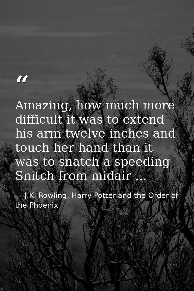 Amazing, how much more difficult it was to extend his arm twelve inches and touch her hand than it was to snatch a speed — J.K. Rowling, Harry Potter and the Order of the Phoenix