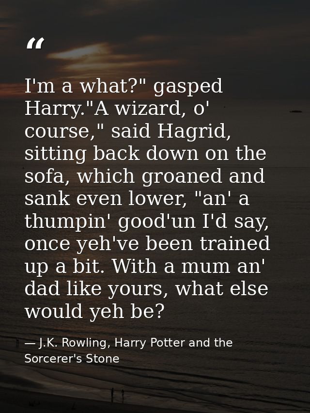 I'm a what?" gasped Harry."A wizard, o' course," said Hagrid, sitting back down on the sofa, which groaned and sank even — J.K. Rowling, Harry Potter and the Sorcerer's Stone