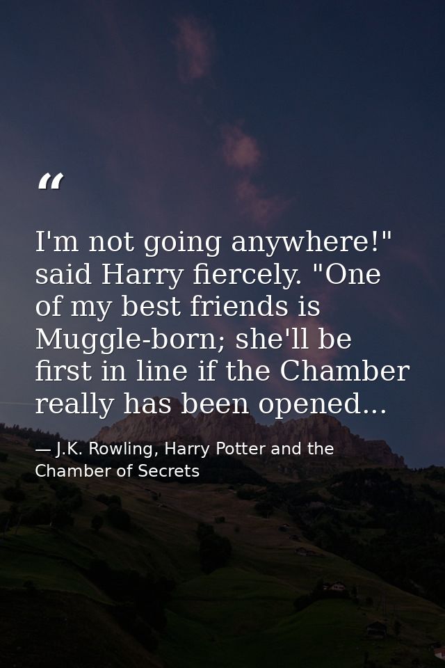 I'm not going anywhere!" said Harry fiercely. "One of my best friends is Muggle-born; she'll be first in line if the Cha — J.K. Rowling, Harry Potter and the Chamber of Secrets