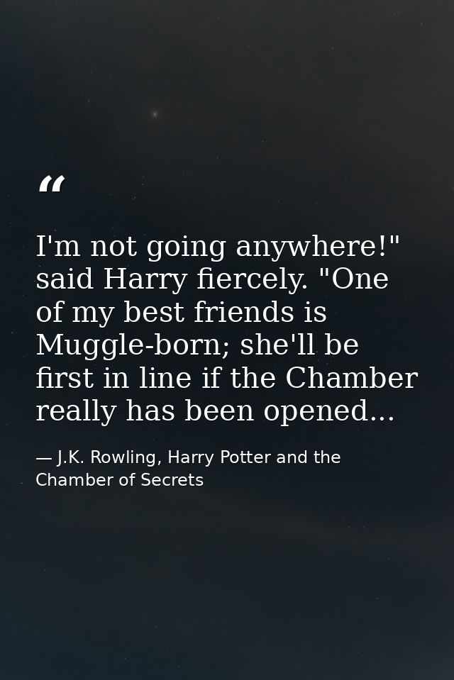 I'm not going anywhere!" said Harry fiercely. "One of my best friends is Muggle-born; she'll be first in line if the Cha — J.K. Rowling, Harry Potter and the Chamber of Secrets