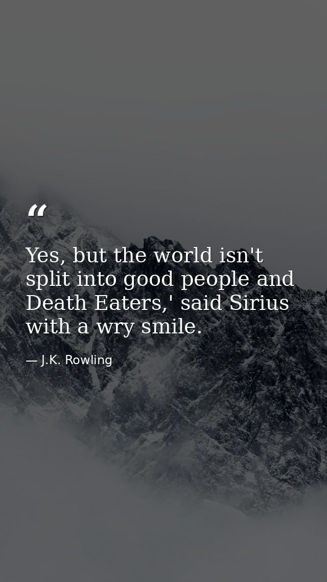 Yes, but the world isn't split into good people and Death Eaters,' said Sirius with a wry smile. — J.K. Rowling