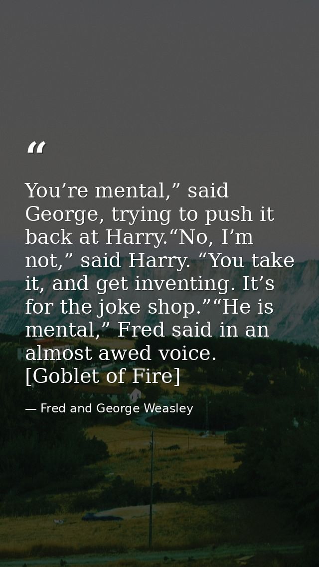 You’re mental,” said George, trying to push it back at Harry.“No, I’m not,” said Harry. “You take it, and get inventing. — Fred and George Weasley