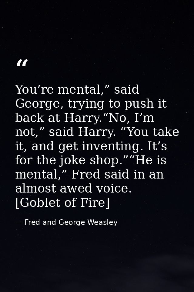 You’re mental,” said George, trying to push it back at Harry.“No, I’m not,” said Harry. “You take it, and get inventing. — Fred and George Weasley