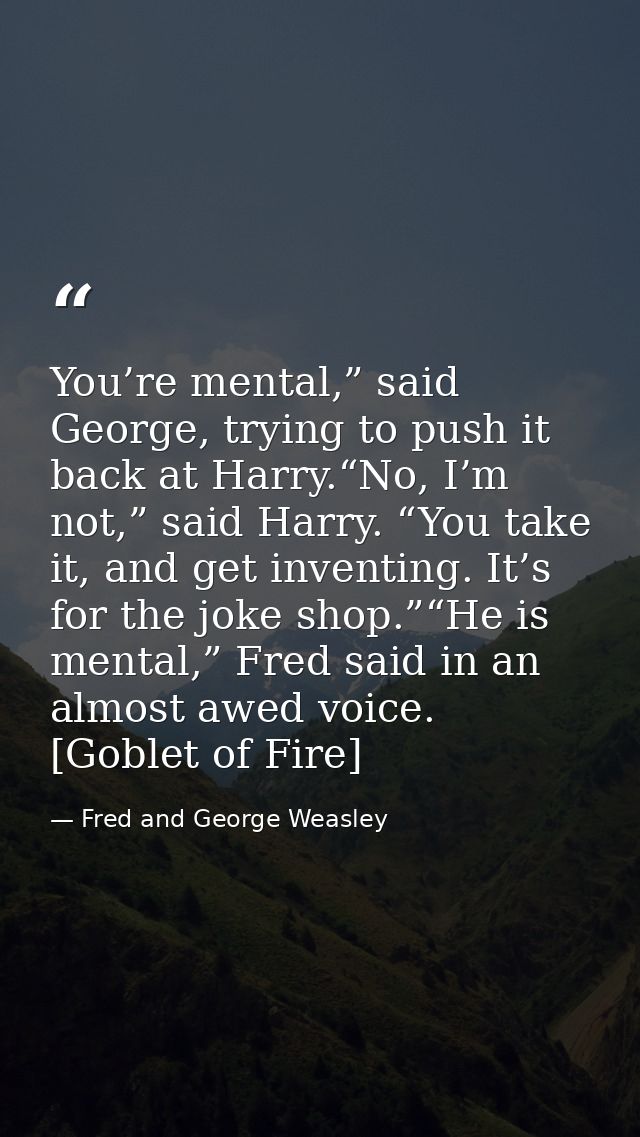 You’re mental,” said George, trying to push it back at Harry.“No, I’m not,” said Harry. “You take it, and get inventing. — Fred and George Weasley