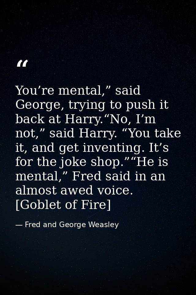 You’re mental,” said George, trying to push it back at Harry.“No, I’m not,” said Harry. “You take it, and get inventing. — Fred and George Weasley