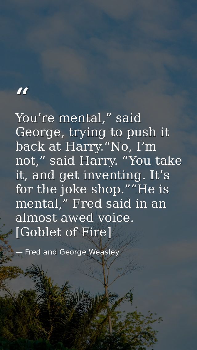 You’re mental,” said George, trying to push it back at Harry.“No, I’m not,” said Harry. “You take it, and get inventing. — Fred and George Weasley