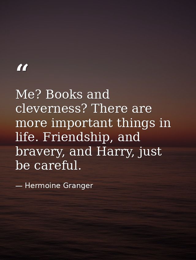 Me? Books and cleverness? There are more important things in life. Friendship, and bravery, and Harry, just be careful. — Hermoine Granger