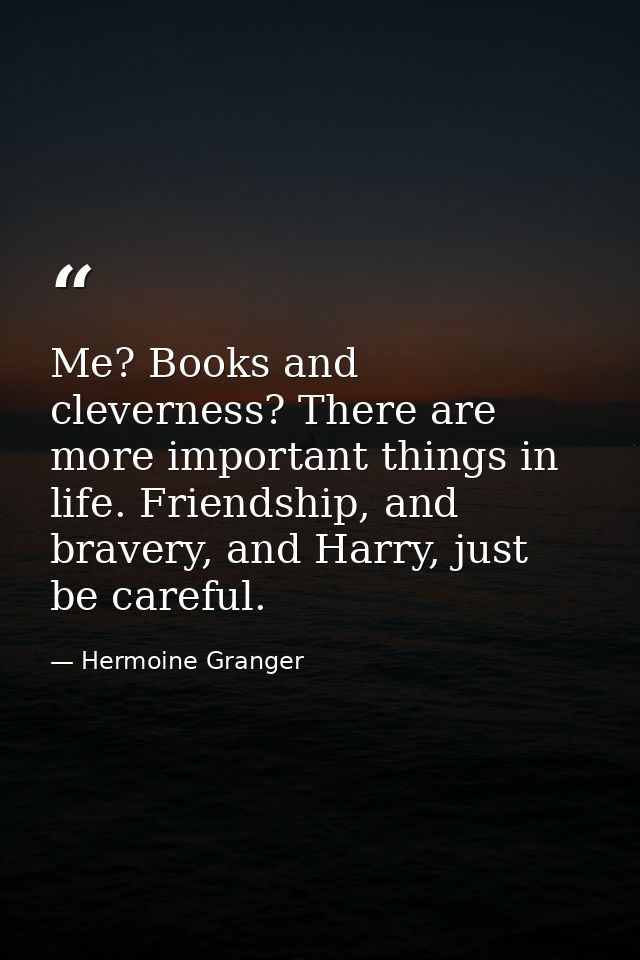 Me? Books and cleverness? There are more important things in life. Friendship, and bravery, and Harry, just be careful. — Hermoine Granger