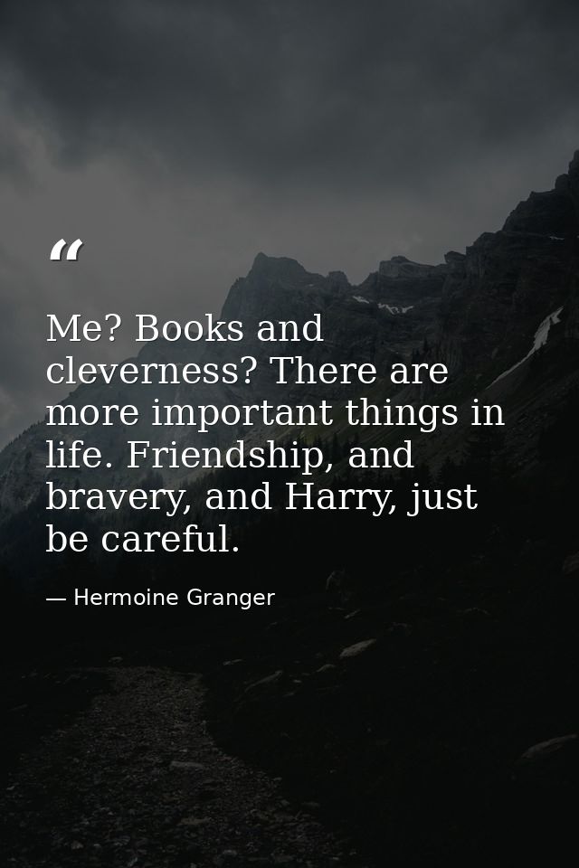 Me? Books and cleverness? There are more important things in life. Friendship, and bravery, and Harry, just be careful. — Hermoine Granger