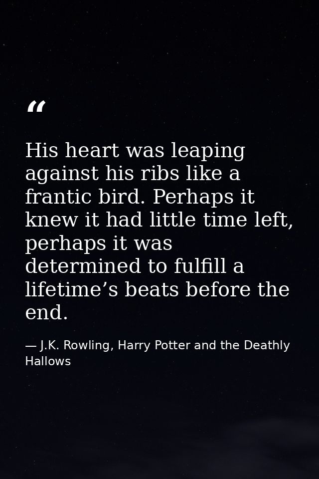 His heart was leaping against his ribs like a frantic bird. Perhaps it knew it had little time left, perhaps it was dete — J.K. Rowling, Harry Potter and the Deathly Hallows