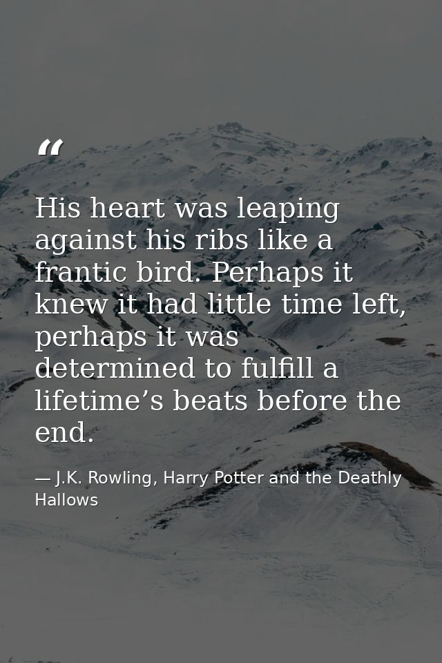 His heart was leaping against his ribs like a frantic bird. Perhaps it knew it had little time left, perhaps it was dete — J.K. Rowling, Harry Potter and the Deathly Hallows