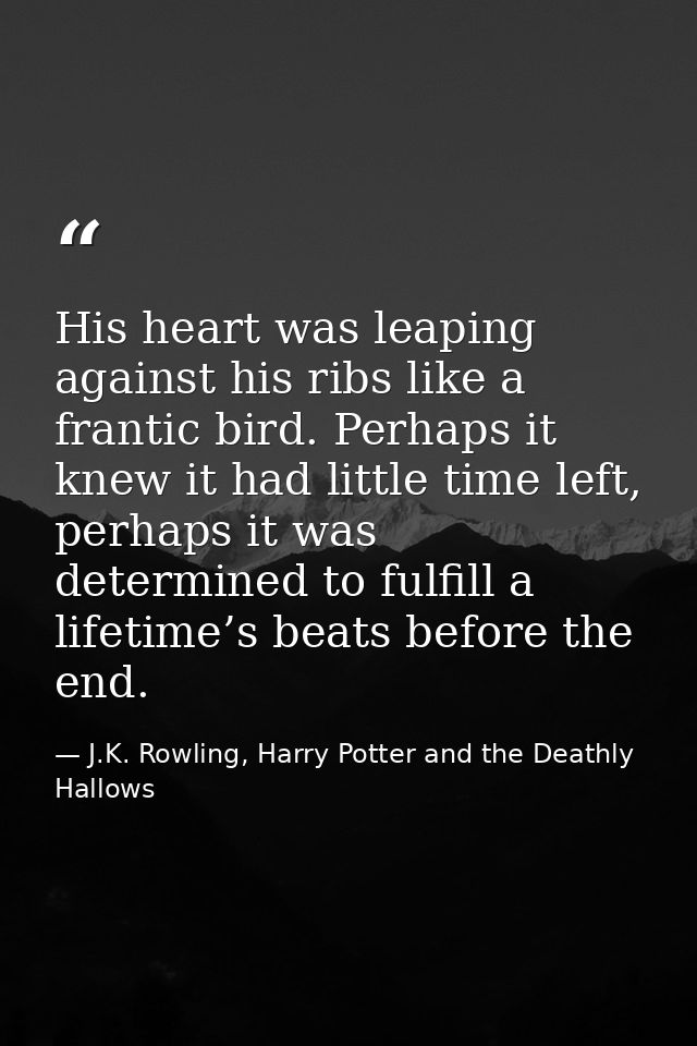 His heart was leaping against his ribs like a frantic bird. Perhaps it knew it had little time left, perhaps it was dete — J.K. Rowling, Harry Potter and the Deathly Hallows