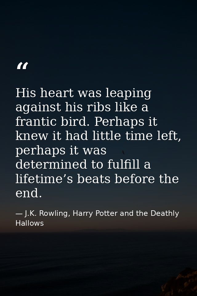 His heart was leaping against his ribs like a frantic bird. Perhaps it knew it had little time left, perhaps it was dete — J.K. Rowling, Harry Potter and the Deathly Hallows