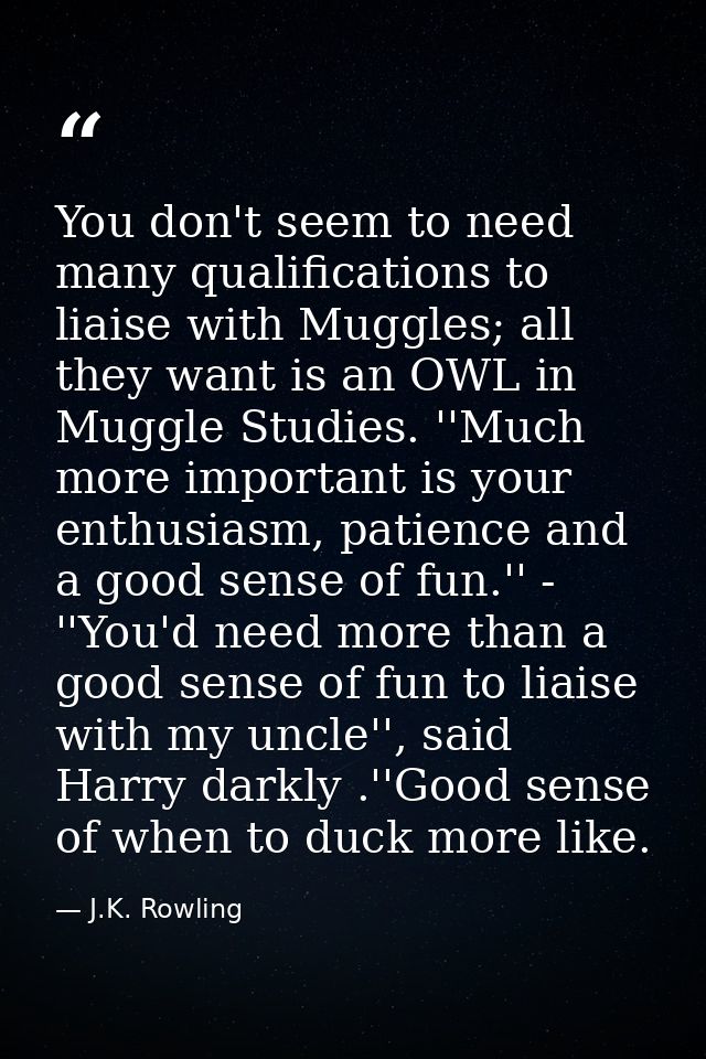 You don't seem to need many qualifications to liaise with Muggles; all they want is an OWL in Muggle Studies. ''Much mor — J.K. Rowling