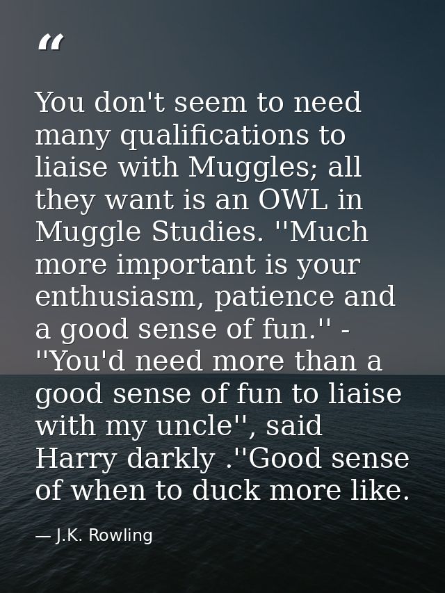 You don't seem to need many qualifications to liaise with Muggles; all they want is an OWL in Muggle Studies. ''Much mor — J.K. Rowling
